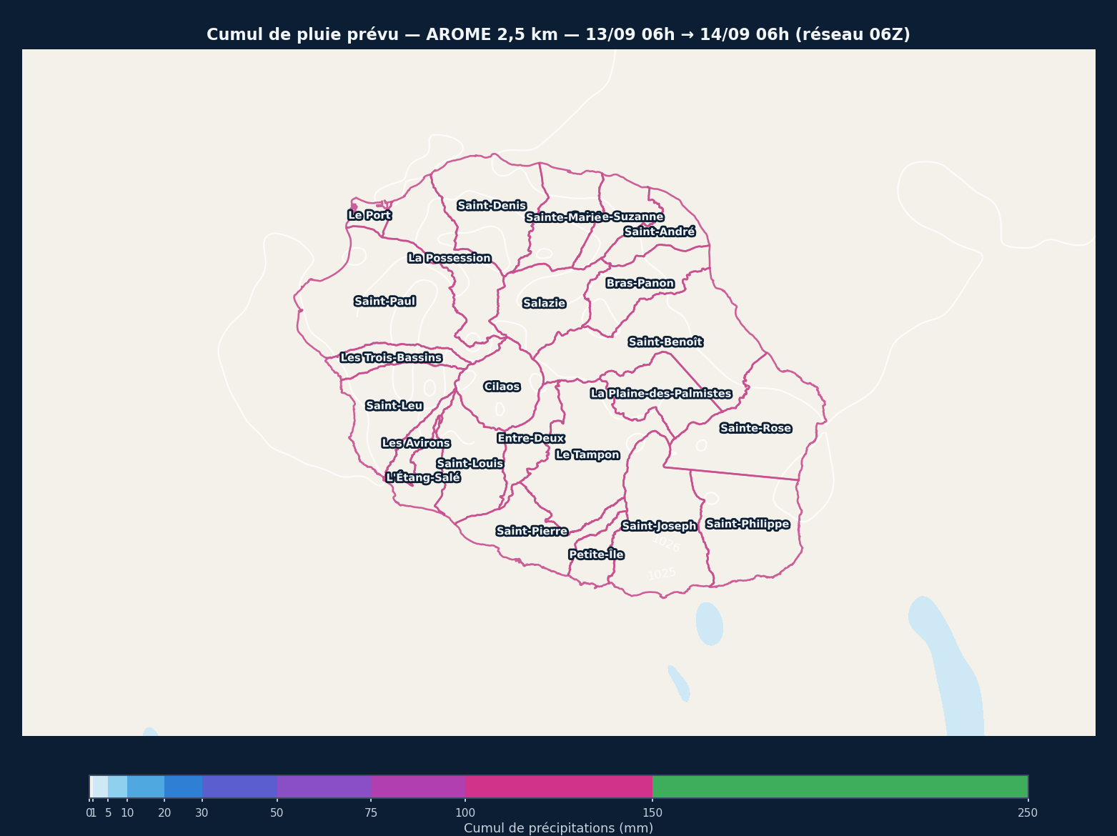 Cumul pluie 24h - Réunion (AROME 2,5km, auto)