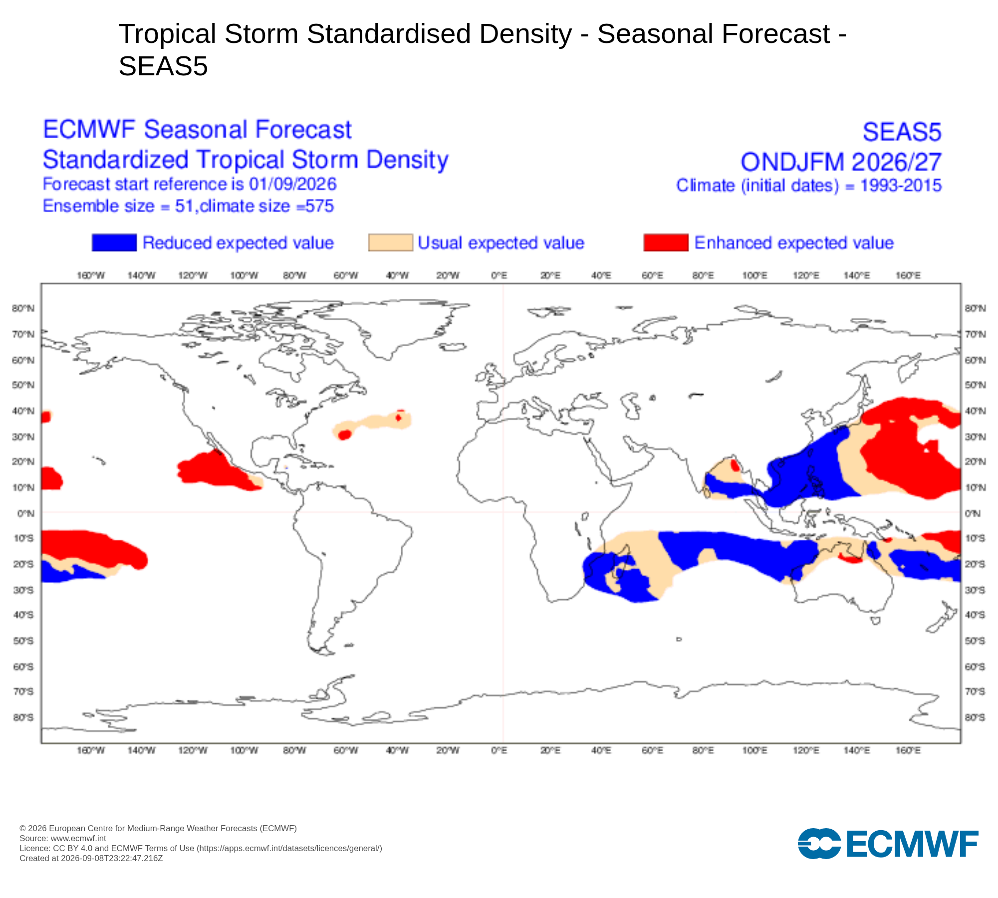 Densité de trajectoires cycloniques (ECMWF SEAS5)